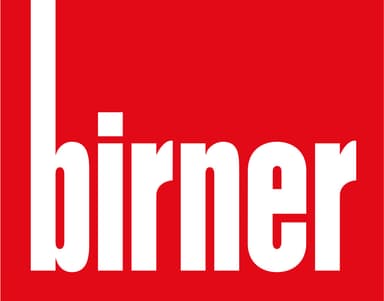 White lowercase letters spelling birner on a red background, with an extra-tall letter b extending to the top edge, evoking the precision and innovation